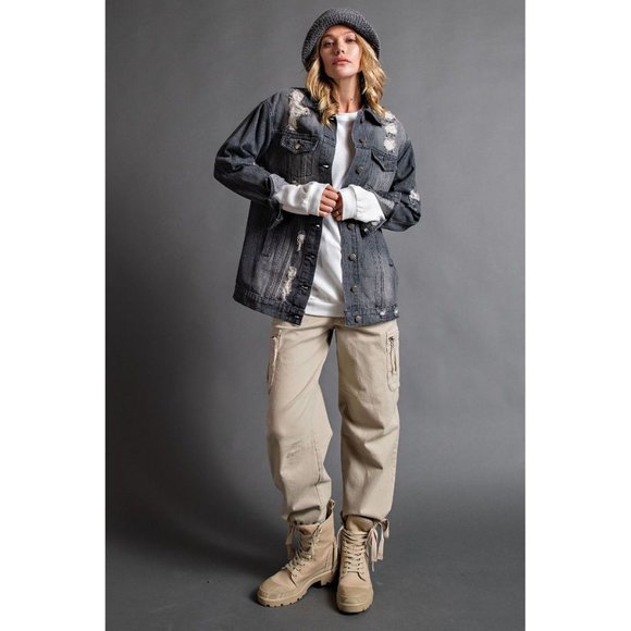 easel Jackets & Coats Easel Black Denim Distressed Oversized Boxy
